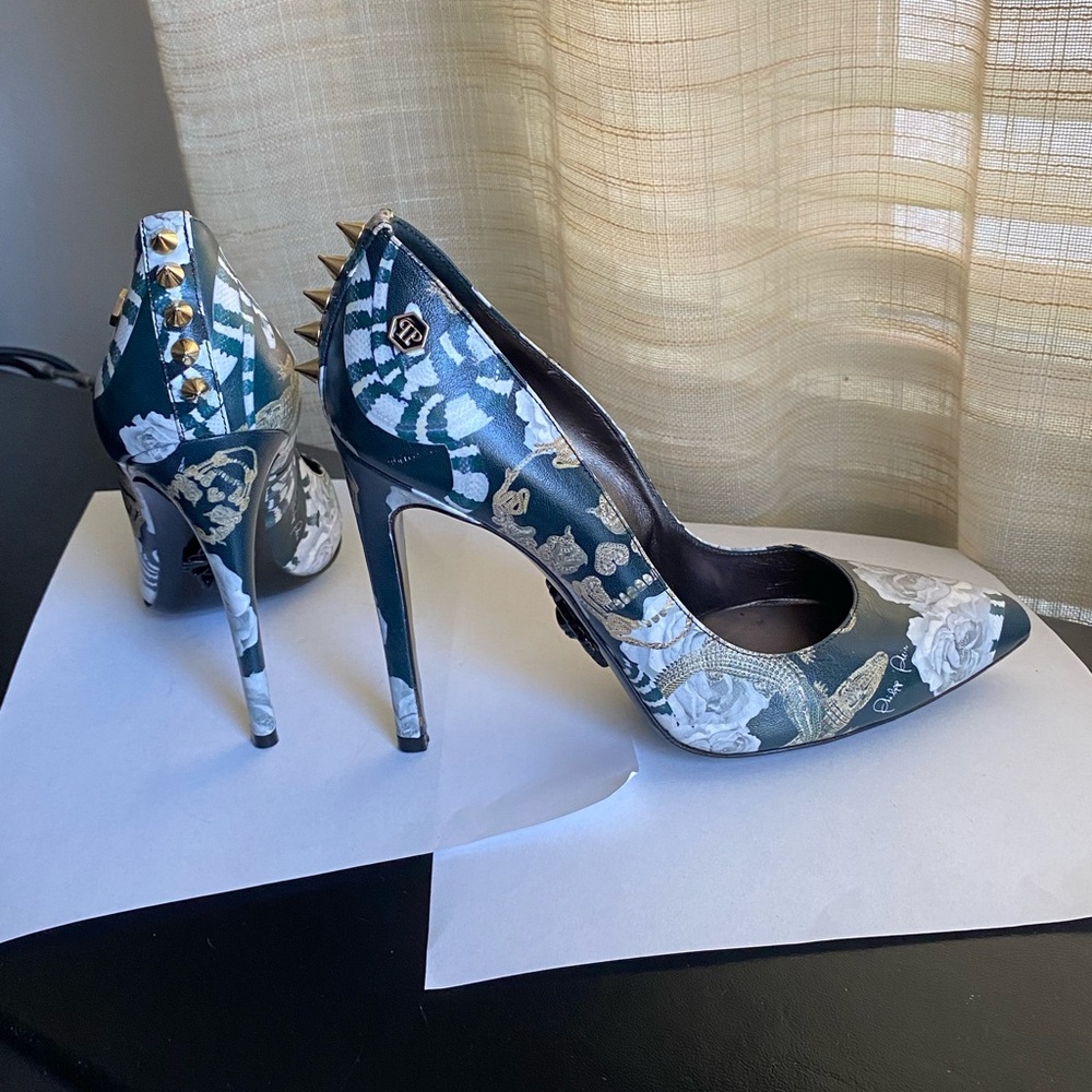 Phillip Plein Floral Stiletto Heels studs pumps leather 37 mules sandals Jungle